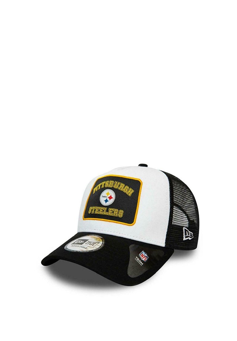Pittsburgh Steelers cap with a white front, black bill, mesh back, and embroidered logo and text. Features a curved brim and adjustable fit.