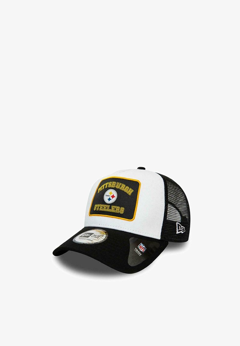 Pittsburgh Steelers cap with a white front, black bill, mesh back, and embroidered logo and text. Features a curved brim and adjustable fit.