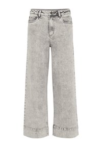 Bredde jeans i lys grå denim med høj talje, traditionelt fem-lomme design og let falmet struktur med kontrastsyning.
