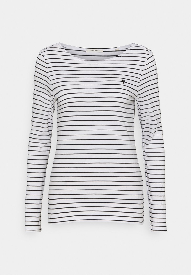 Langemouwen shirt in het wit met zwarte horizontale strepen, met een ronde halslijn en een klein geborduurd logo op de borst.