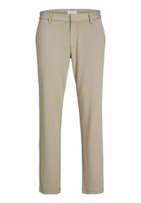 Beżowe, dopasowane spodnie wykonane z miękkiego materiału o prostym kroju, z szlufkami na pasek i pojedynczą przednią kieszenią. Gładka faktura i minimalistyczne detale.