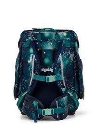 Backpack with a navy blue base featuring a starry pattern in teal and white. Includes adjustable straps, buckles, and zippered side pockets.
