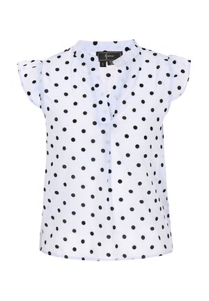 Valge lühikeste varrukatega pluus mustade täppidega, millel on kraavivaba kaelus ja õlgadel kerge ripsdetail.