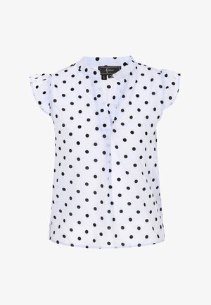 Valge lühikeste varrukatega pluus mustade täppidega, millel on kraavivaba kaelus ja õlgadel kerge ripsdetail.