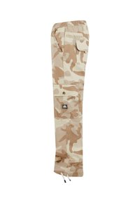 Beige camouflage cargo bukser med elastisk talje, sidelommer og en cargo lomme med knap. Letvægtsstof.
