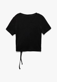 Sort cropped t-shirt lavet af ribbet stof. Korteærmede med en rund halsudskæring. Har snore i bunden til justerbar pasform.