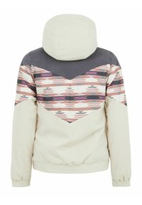 Giacca beige chiaro con cappuccio e maniche in corduroy testurizzato. Sul retro ci sono vivaci modelli geometrici nei toni del rosa, viola e grigio.