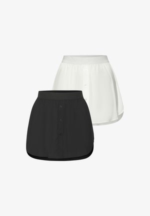 Two skirts displayed: one white and one black, both with a button front, gathered elastic waistband, and a rounded hemline.