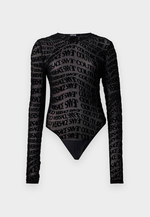 Fekete, hosszú ujjú bodysuit áttetsző anyagból, különböző méretű Versace logókkal díszítve, klasszikus kerek nyakkivágással.