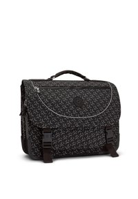 Svart messenger-väska med ett geometriskt mönster, utrustad med en dragkedjelimited ficka, ett lockstängning och justerbara spännestraps. Hållbart material.