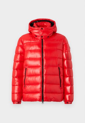 Chaqueta acolchada roja brillante con detalles en cremallera negra y botones a presión, con un cuello alto y capucha, mostrada sobre un fondo neutro.