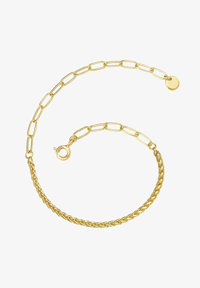Zlatna narukvica s lančićem koja sadrži izdužene karike s teksturiranim, pletenim dijelom i sigurnim kopčom na meku. Priključen je kružni privjesak.