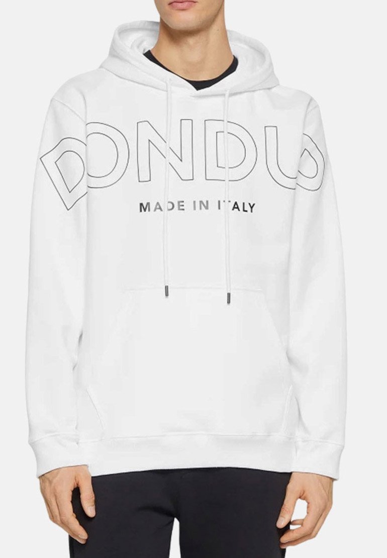 Sweatshirt à capuche blanche en coton, avec un grand logo imprimé "DONDU" en noir et "FABRIQUÉ EN ITALIE" en dessous. Comprend des cordons de serrage et une poche frontale.