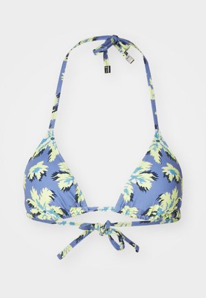 Krāsains bikini tops ar zilu pamatni, dzelteniem un melniem lapu rakstiem, sasietam aiz kakla un muguras ar regulējamām siksnām.