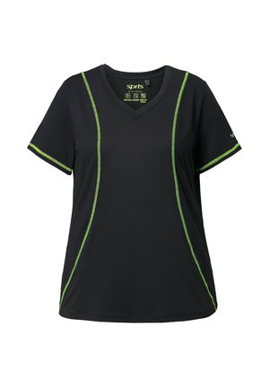 Černé sportovní tričko s výstřihem do V, krátkými rukávy a zeleným šitím na bocích a rukávech. Vyrobeno z prodyšného materiálu.