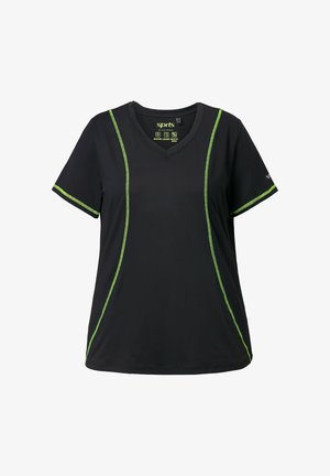 Černé sportovní tričko s výstřihem do V, krátkými rukávy a zeleným šitím na bocích a rukávech. Vyrobeno z prodyšného materiálu.