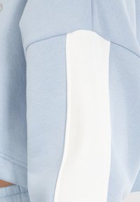 Sudadera de color azul claro con una franja vertical blanca en la manga. Tejido de algodón suave con un ligero acabado texturizado y puños acanalados.