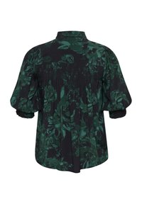 Schwarze Bluse mit grünem Blumenmuster, gerafftem Rückenteil, weiten Puffärmeln und versammelten Manschetten. Hergestellt aus leichtem Stoff.