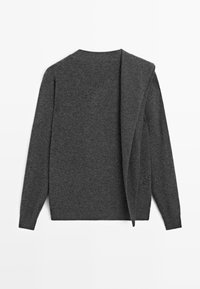 Dark gray long-sleeve knit sweater with a folded detail on the right shoulder, laid flat against a white background.