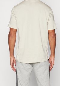 Beige bavlněné tričko s krátkým rukávem a kulatým výstřihem, se vzadu hladkým designem a volným střihem.