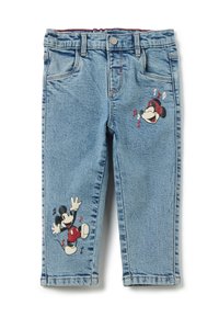 Pantalones vaqueros infantiles de color azul claro con Mickey Mouse bailando en la pierna izquierda y Mickey usando auriculares con notas musicales en la pierna derecha.