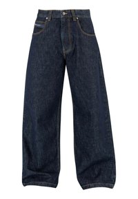 Dark blue wide-leg denim jeans with front and back pockets, button closure, and orange stitching details.