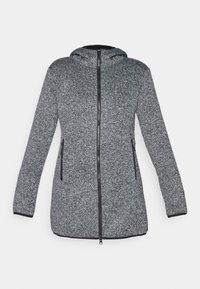 Szara, heatherowa kurtka z kapturem, z pełnym zamkiem błyskawicznym, dwoma bocznymi kieszeniami i czarnymi akcentami. Miękka faktura i wydłużony fason.