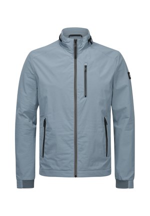 Hellblaue Jacke aus glattem Stoff, mit hohem Kragen, Frontreißverschluss und Reißverschluss-Brusttasche. Schwarze Akzente an Reißverschlüssen und Bündchen.