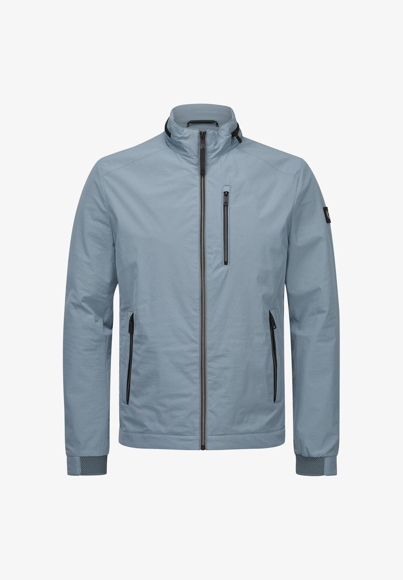 Light blue jacket made of smooth fabric, featuring a high collar, front zip, and zippered chest pocket. Black accents on zippers and cuffs.