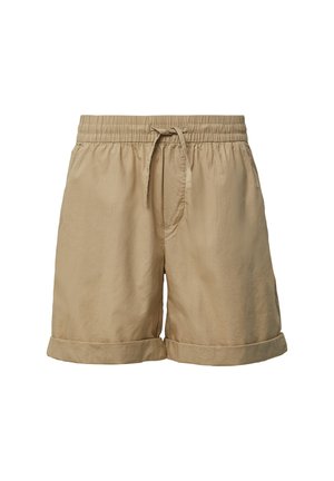 Shorts beiges avec une taille élastique et un cordon de serrage, présentant des ourlets roulés et un tissu léger et texturé.