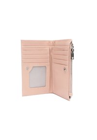 Roza kožna novčanik s višestrukim utorima za kartice, prozirnom džepu za osobnu iskaznicu i zatvaranjem na zip. Ima bijele šavove i minimalistički dizajn.