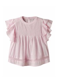Blusa rosa con maniche corte a volant, parte frontale plissettata, texture ricamata e dettagli in pizzo all'orlo. Chiusura a chiave sul retro.