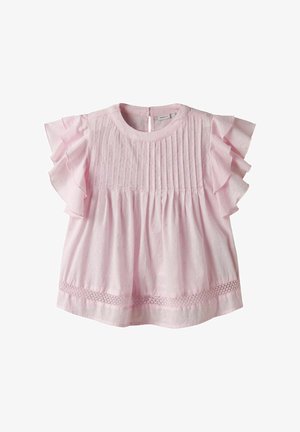 Blusa rosa con maniche corte a volant, parte frontale plissettata, texture ricamata e dettagli in pizzo all'orlo. Chiusura a chiave sul retro.