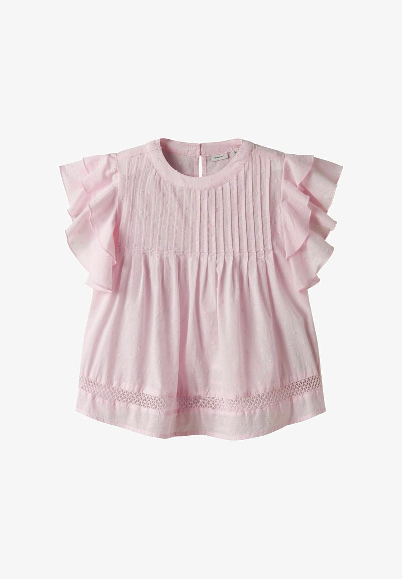 Blusa rosa con maniche corte a volant, parte frontale plissettata, texture ricamata e dettagli in pizzo all'orlo. Chiusura a chiave sul retro.