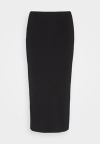 Jupe crayon noire longueur genou avec une taille cintrée et une coupe droite étroite, présentée sur un fond clair uni.