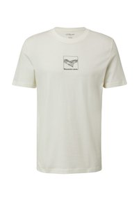 Kremowa koszulka na krótki rękaw wykonana z miękkiej bawełny, z czarnym nadrukiem abstrakcyjnych linii i napisem "ELEVATED CASUAL" w kwadracie.