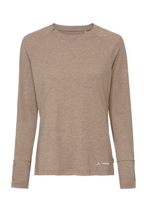 T-shirt beige à manches longues avec col ras du cou, texture chinée subtile, poignets ajustés et petit logo imprimé près de l'ourlet inférieur sur le côté droit devant.