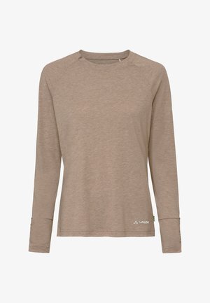 T-shirt beige à manches longues avec col ras du cou, texture chinée subtile, poignets ajustés et petit logo imprimé près de l'ourlet inférieur sur le côté droit devant.