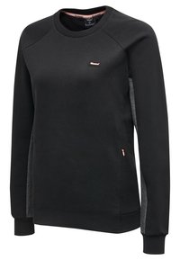 Felpa nera con maniche lunghe, design raglan e pannello laterale grigio testurizzato. Presenta un piccolo logo rosa davanti.