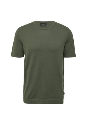 Dunkelgrünes T-Shirt mit kurzen Ärmeln aus weichem Stoff. Es hat einen runden Halsausschnitt und ein schlichtes Design mit geradem Saum sowie einem kleinen Logotag an der Seite.