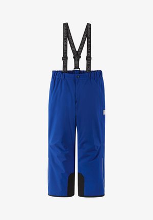 Mėlynos sniego kelnės su reguliuojamais juodais petnešomis, elastingu liemeniu, sustiprintais juodais akcentais prie apačios ir šoninėmis kišenėmis.