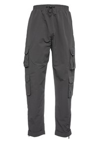 Gray cargo pants made of lightweight fabric, featuring side pockets, elastic waistband with drawstring, and cuffed hems.
