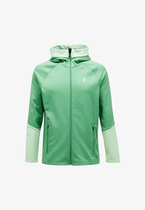 Žalias zip-up džemperis, pagamintas iš minkštos, tamprios medžiagos. Yra šviesiai žalios spalvos akcentai ant rankovių, kapučino ir baltas spausdintas logotipas.