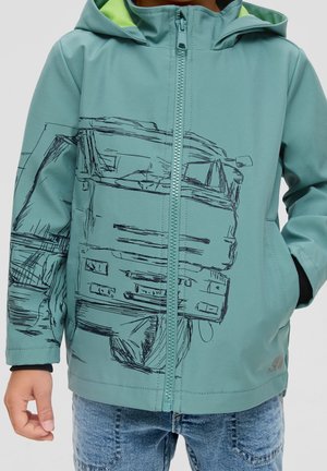 Veste imperméable vert clair avec une fermeture éclair avant, présentant un motif de croquis de camion noir et une doublure de capuche contrastante.