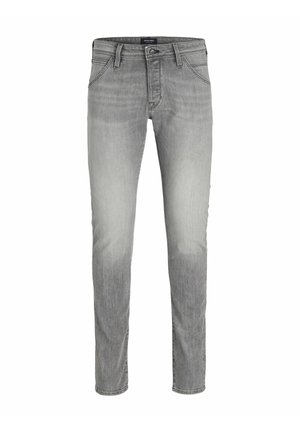 Lichtgrijze denim jeans met een rechte pasvorm, vijf zakken en subtiele verkleuring op de dijen. Klassieke knoop- en ritssluiting.