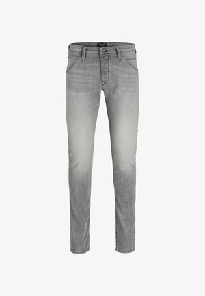 Light grey denim jeans featuring a straight fit, five-pocket design, and subtle fading on the thighs. Classic button and zipper closure.