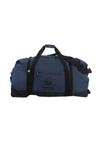 Bolso de deporte azul marino con detalles en negro, que cuenta con asas dobles, correa ajustable y un bolsillo frontal con cremallera verde y logotipo.