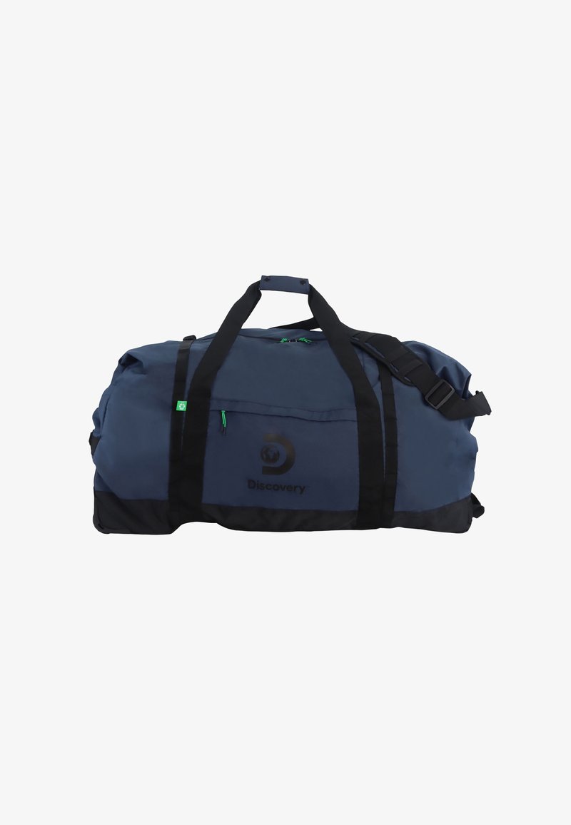 Bolso de deporte azul marino con detalles en negro, que cuenta con asas dobles, correa ajustable y un bolsillo frontal con cremallera verde y logotipo.