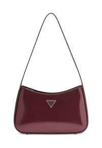 Bordowa lakierowana torebka na ramię o zaokrąglonym kształcie, srebrnych okuciach i logo na froncie. Zapięcie na zamek błyskawiczny na górze.