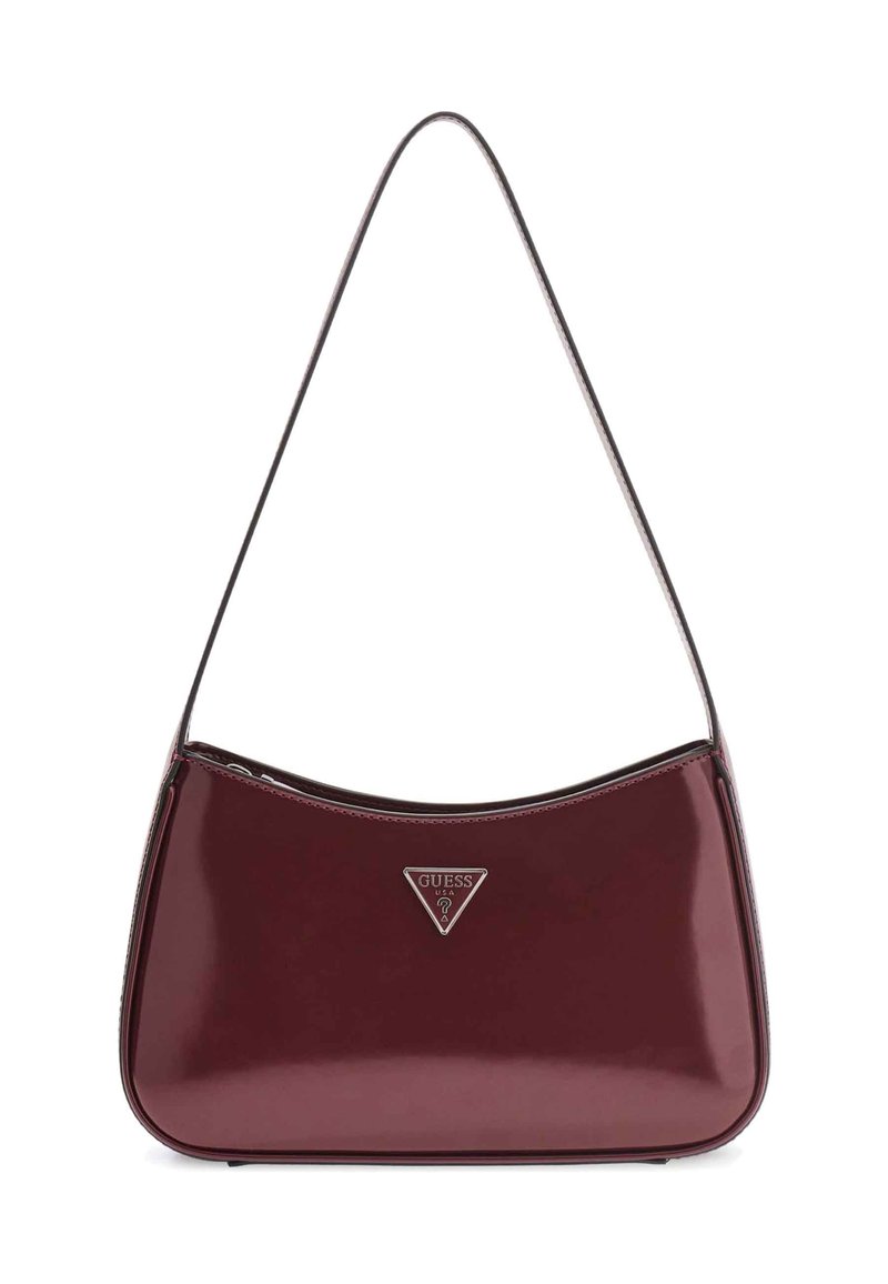 Bordowa lakierowana torebka na ramię o zaokrąglonym kształcie, srebrnych okuciach i logo na froncie. Zapięcie na zamek błyskawiczny na górze.